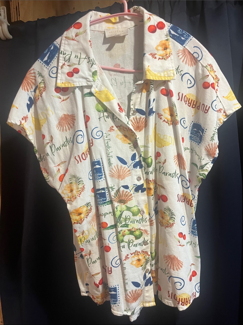 Women’s White Tropical Button-Down Shirt with Multicolor Beach Motifs